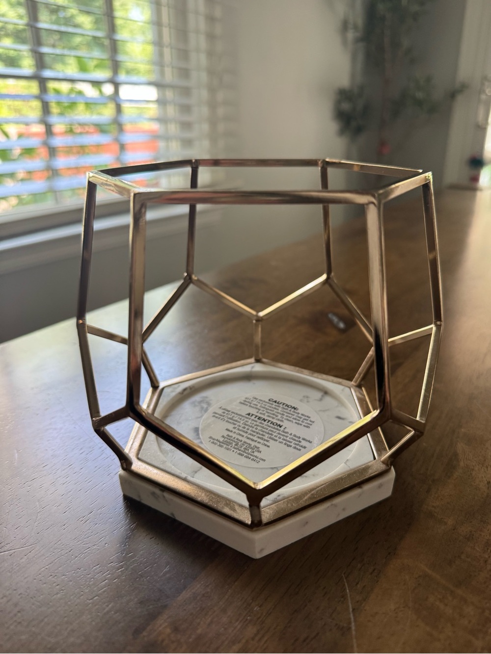 Bath & Body Works Gold Geometric Three Wick Candle Holder w/ White Marble Style